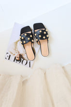 Load image into Gallery viewer, Elevate your everyday style with these handcrafted Babouche slides, featuring lustrous gold-coloured studs and a wide, supportive strap. Meticulously made from premium Italian leather, these slides mold beautifully to your feet for personalized comfort. Perfect for those who appreciate understated luxury with a touch of glamour, they transform any casual look into something distinctly sophisticated.