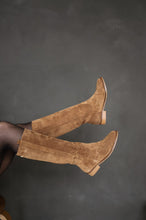 Load image into Gallery viewer, Brown suede tall boot. from the premium brand BABOUCHE LIFESTYLLE.

Featuring a flat sole and a convenient pull on loop design