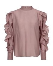 Load image into Gallery viewer, CMMOLLY-BLOUSE is a soft woven blouse with a loose silhouette and a clean high neck. Lace band insert at shoulders and upper sleeve. The style features cascading ruffles along the sleeves for a dramatic effect, while the long balloon sleeves end in structured cuffs for balance and definition

Woven lyocell-blend
Loose fit with high neck
Ruffle-detailed balloon sleeves with cuff finish
Back length from shoulder in side in size S is 63,5 cm