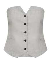 Load image into Gallery viewer, CMTAILORY-CORSAGE is a tailor-made corsage top in a woven quality with a melange effect. The form-fitting silhouette is accentuated by shaping seams and a button closure at the front that accentuates the refined tailoring-inspired look. A subtle V-detail on the front neckline adds a modern touch, while piped pocket details complete the sophisticated look.


Woven quality with viscose and stretch
Form-fitting fit with shaping seams
Straight neckline with subtle V-detail at the front
Button closure at the fro