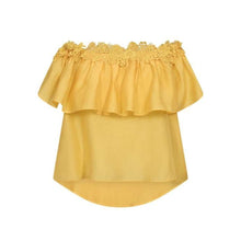 Load image into Gallery viewer, CMMOLLY-BLOUSE embraces effortless romance with its off-shoulder flounce silhouette, crafted in a soft woven lyocell blend for an airy fluid drape. Intricate 3D crochet florals frame the neckline with elegance, while the softly rounded hi-low hem and full lining complete the refined finish. Designed for a relaxed yet feminine fit that flatters the body with graceful ease.

Woven lyocell blend
3D crochet floral decoration
Off-shoulder design and hi-low hem
Fully lined
Center back length in size S is 58 cm. 