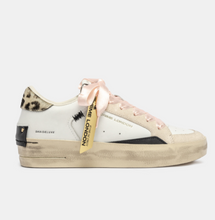 Load image into Gallery viewer, SK8 Deluxe wedge Ballerina Funk Sneaker crafted from premium Made in Italy materials

White leather upper with black leather details
Leopard-print calf hair heel tab
White leather tongue with branded fabric label
Black leather patch on the back
Double lace in pink satin and white
Single gold mirrored tag
Leather and fabric lining
Beige eco-leather foxing sole with dark honey outsole
Vintage finishing
Regular fit