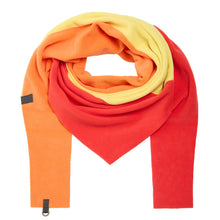 Load image into Gallery viewer, Triangle fleece scarf in our patch design.
This scarf is made from our soft fleece material and finished with our hand-woven grosgrain ribbon and logo ring.
Our patch design comes in two color combinations – choose your favorite and stay warm season after season.
Our special quality of fleece feels soft on the neck and can be used as a warm scarf, as a comfortable shawl, and as a pillow or blanket when traveling.