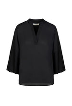 Load image into Gallery viewer, An elegant satin blouse with a fluid drape and minimalist silhouette. Designed with a soft V-neckline and pleated wide sleeves, it combines refined femininity with an effortless, modern expression.