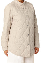 Load image into Gallery viewer, A padded jacket inspired by the classic over-shirt, featuring a diagonal quilted pattern. Designed with signature shirt details, including a yoke with a center-back pleat, a Chinese collar, sleeve cuffs, and a curved hemline. Slanted jetted pockets offer both style and comfort, while logo buttons add a branded touch. Perfect as a lightweight layer under your raincoat or worn on its own as a relaxed, effortless jacket.