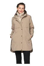 Load image into Gallery viewer, This padded raincoat is cut in a slightly A-shaped silhouette with neatly fitted shoulders. Mid-thigh in length, it features a rounded hem with slits and sits slightly longer at the back. It is crafted from lightweight Taslan fabric with 8.000 mm waterproofness, 3.000 g/m² breathability, and fully taped seams. Inside, a ripstop lining quilted with soft padding and a fleece insert at the neck add comfort. 