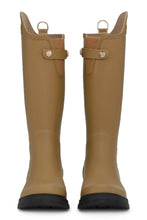 Load image into Gallery viewer, all asymmetric knee length wellingtons. A combination of style and functionality for rainy days. Featuring a decorative D-ring at center back and logo on the shaft. Elastic for easy access and a strap with logo gold buttons for decorations. The rubber sole ensures excellent traction on wet surfaces.