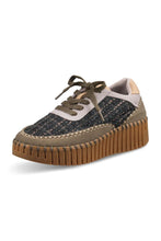Load image into Gallery viewer, These sneakers combine mixed fabrics and bold decorative stitching for a striking colour-blocking effect. The upper pairs recycled microfiber with bouclé textile and tonal laces, sitting on a wedge outsole stitched with matching recycled thread. Inside, a soft insole with added padding delivers lasting comfort and support.

Materials:

Composition: 60% Nylon, 40% PU / 70% PU, 30% Cotton
Insole: 60% EVA, 40% Pig Suede
Outsole: 75% Natural Rubber, 25% Recycled Rubber