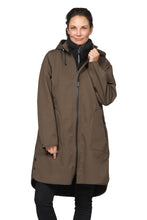 Load image into Gallery viewer, A feminine and functional raincoat in a flattering and comfortable a-shaped silhouette. Style is made of breathable soft shell material and body length is just below the knee. The style features a detachable hood, slits in side seams with press buttons, button closure at arm wrist, Ilse Jacobsen Hornbæk reflective logo on left sleeve and a YKK 2-way aqua guard zipper along center front and at pockets. This functional material resists water pressure up to 5000 mm.