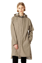 Load image into Gallery viewer, A feminine A-shaped under knee raincoat in loose fit. The raincoat has a discreet Ilse Jacobsen Hornbæk logo debossed on left sleeve. The hood is detachable and is attached by a weather proof strap in artificial leather. The style features side pockets with flaps, fancy slits in side seams with press buttons, button closure at wrist and a YKK 2-way zipper at center front. Inside the style has a clean and delicate finish with logo ribbon. Quality is a light and subtle waterproof rubberized PU with polyester 