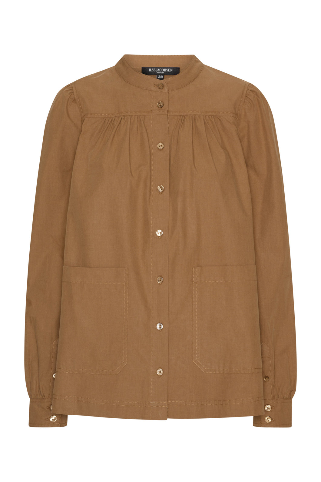Ilse Jacobsen Brown button-up shirt  with front pockets on a white background