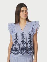 Load image into Gallery viewer, Feminine sleeveless top with lots of detailing, with embroidery and flounces. Loose and comfortable fit, yet still flattering. The Model is 176 cm and is wearing a size 36