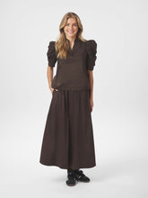 Load image into Gallery viewer, Feminine blouse with placket down the front and puff sleeves. The fabric is a nice poplin quality and it has decorative stitching.