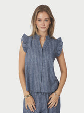 Load image into Gallery viewer, Short Short sleeved blouse with front closure in a nice stripe embroidery quality.

The model is 176 cm tall and wears a size 36.