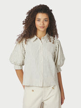 Load image into Gallery viewer, Cute striped shirt with short puffy sleeves and buttons at front. The model is 176cm and wears a size 36.