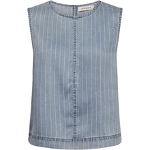 Load image into Gallery viewer, The Drew Denim Stripe Top is crafted in soft denim with subtle pinstripes, it features a sleeveless design and a slightly boxy fit that creates an effortless, contemporary look.
Perfect worn as a set with the matching pants or styled separately for a relaxed yet refined outfit.
Size &amp; Fit
• Relaxed fit
• Cropped length
• Sleeveless
• Straight silhouette
Details
• Round neckline
• Subtle pinstripe pattern
• Soft denim fabric