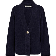 Load image into Gallery viewer, Kaylen Button Cardigan Knit is a soft and effortless layering piece crafted in a rich Midnight Navy Melange knit. Designed with a relaxed silhouette and a deep V-neckline, the cardigan is finished with a distinctive shell-inspired button.
Size &amp; Fit
• Relaxed fit
• Slightly dropped shoulders
• Hip length
Details
• Soft textured knit
• Deep V-neckline
• Single decorative front button
• Long sleeves