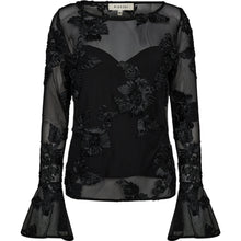 Load image into Gallery viewer, The Melia Flounce Sleeve Mesh Blouse brings a romantic edge to evening dressing. Crafted from sheer mesh with intricate tonal embroidery, the silhouette is soft and structured with a fitted inner bodice and subtle bell sleeves.
A statement piece that balances delicacy and drama - perfect for elevating tailored trousers or denim with ease.
Size &amp; Fit
• Fitted inner bodice
• Semi-sheer sleeves and back
• Hip length
Details
• Embroidered mesh overlay
• Bell sleeves
• Lightweight and lined through the body