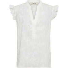 Load image into Gallery viewer, The Millie SL Shirt is a delicate blend of femininity and ease. Crafted in a soft ecru tone with intricate all-over embroidery, it features a lightweight, airy feel that elevates everyday dressing. The subtle V-neckline and soft ruffle sleeves add a romantic touch.
Size &amp; Fit
• Relaxed fit
• Straight silhouette
• Hip length
Details
• V-neck with button placket
• All-over embroidered pattern
• Soft drape