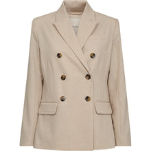 Load image into Gallery viewer, Timeless tailoring meets soft sophistication. The Selina Blazer is a double-breasted style with sharp lapels, structured shoulders and a feminine, shaped waist.
Made from a light suiting fabric in a warm beige melange, it's designed to layer with ease and elevate your everyday or occasion-ready wardrobe.
Size &amp; Fit
• Tailored fit with soft shaping.
• True to size.
• Falls just below the hip.
• Double-breasted button closure.
Details
• Lightweight suiting quality.
• Peak lapels and welted chest pocket.
