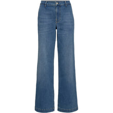Load image into Gallery viewer, The Gilly French Jeans are designed with a modern wide-leg silhouette and a clean, elongated line. Crafted in a soft denim with a bright blue wash, they sit comfortably at the waist and fall into a full-length, straight wide leg that creates a refined yet relaxed expression. Subtle fading adds depth to the wash, making them an effortless staple for everyday wear.
Size &amp; Fit
• High Waist
• Wide leg fit
• Full length
Details
• Classic 5-pocket design
• Zip and button closure
• Belt loops
• Soft denim qual