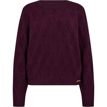 Load image into Gallery viewer, Elevated texture meets rich colour. The Jasmin O-Neck Knit is spun in a soft wool blend and features an intricate, diamond-shaped cable pattern that adds subtle depth to the classic crew-neck silhouette. With ribbed trims and a flattering straight fit, it&#39;s a timeless layering piece
Details
• Regular fit
• Crew neckline
• All-over diamond cable knit
• Ribbed cuffs and hem
• Colour: Grape Nectar