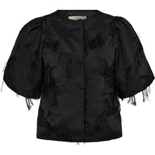 Load image into Gallery viewer, The Winnie Puffy Flamingo Jacket is a bold expression of texture and form. Crafted from a sculptural jacquard with fringed flamingo motifs, this cropped jacket is designed with voluminous sleeves and a clean, minimal neckline.
Its soft puff shape adds a sculptural contrast to tailored pieces or a matching skirt for a standout evening look.
Size &amp; Fit
• Boxy, slightly cropped silhouette
• Voluminous short sleeves
• True to size