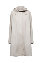 Load image into Gallery viewer, A creme coloured knee-length Ilse Jacobsen raincoat with a detachable hood, side pockets, and a YKK 2-way zipper at the center front.